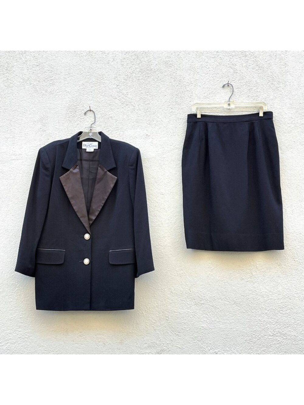 Vintage 90s Women's Oleg Cassini Black Tuxedo Jacket & Skirt Set Suit Size 12
